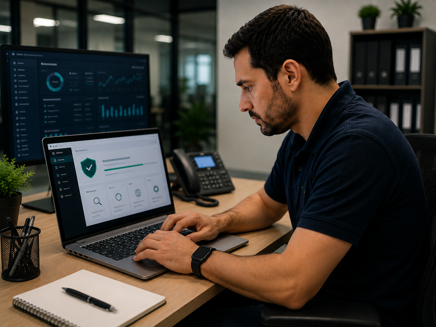 Técnico revisando protección antivirus en una notebook