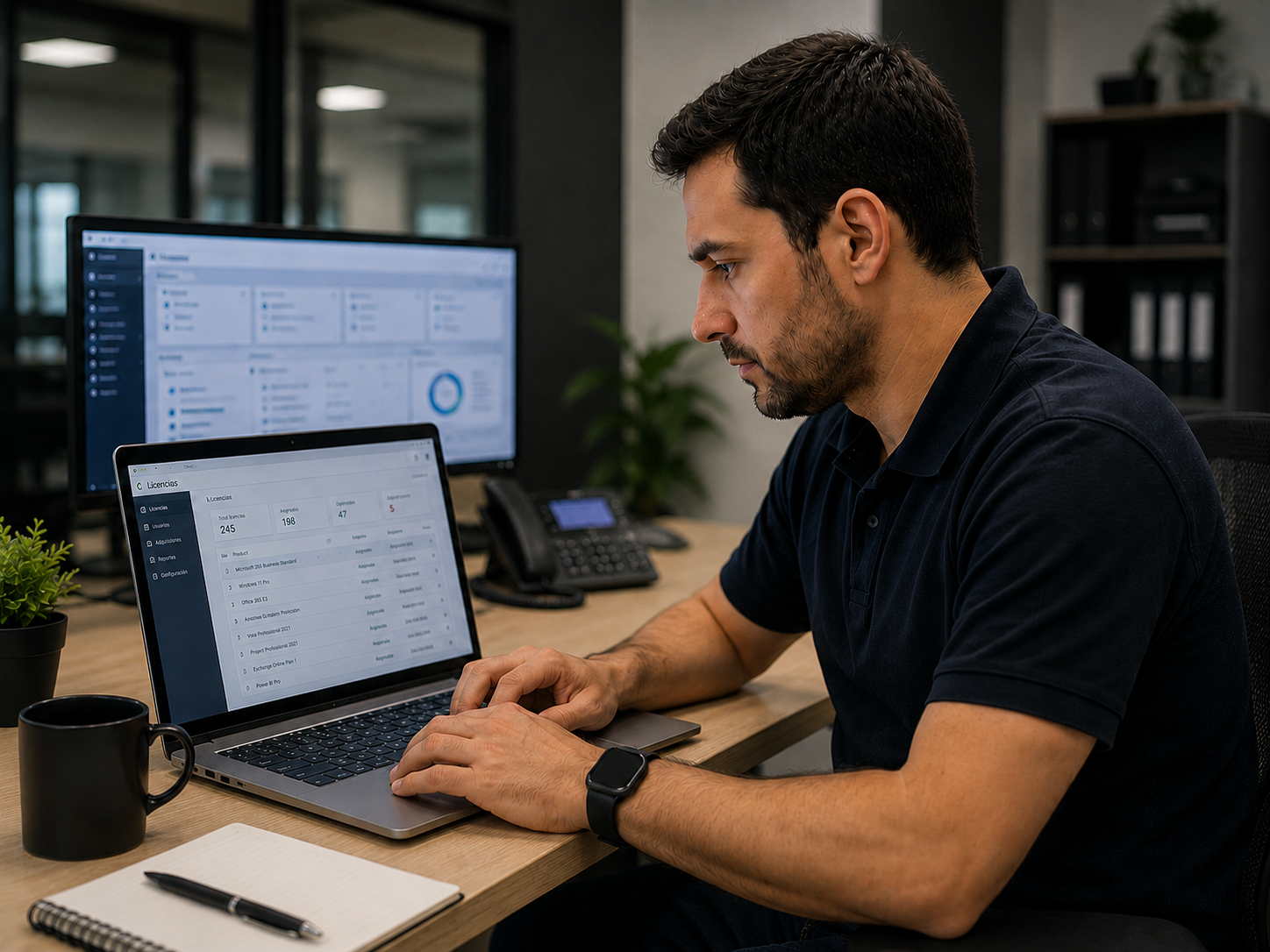 Técnico gestionando licencias de software empresarial