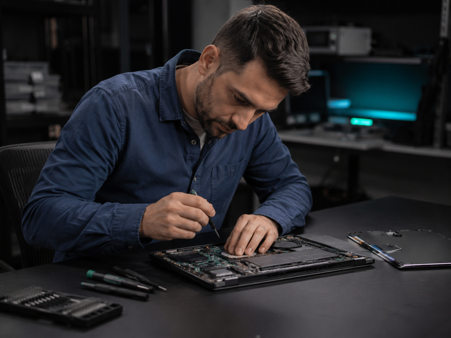 Técnico realizando soporte informático sobre una notebook