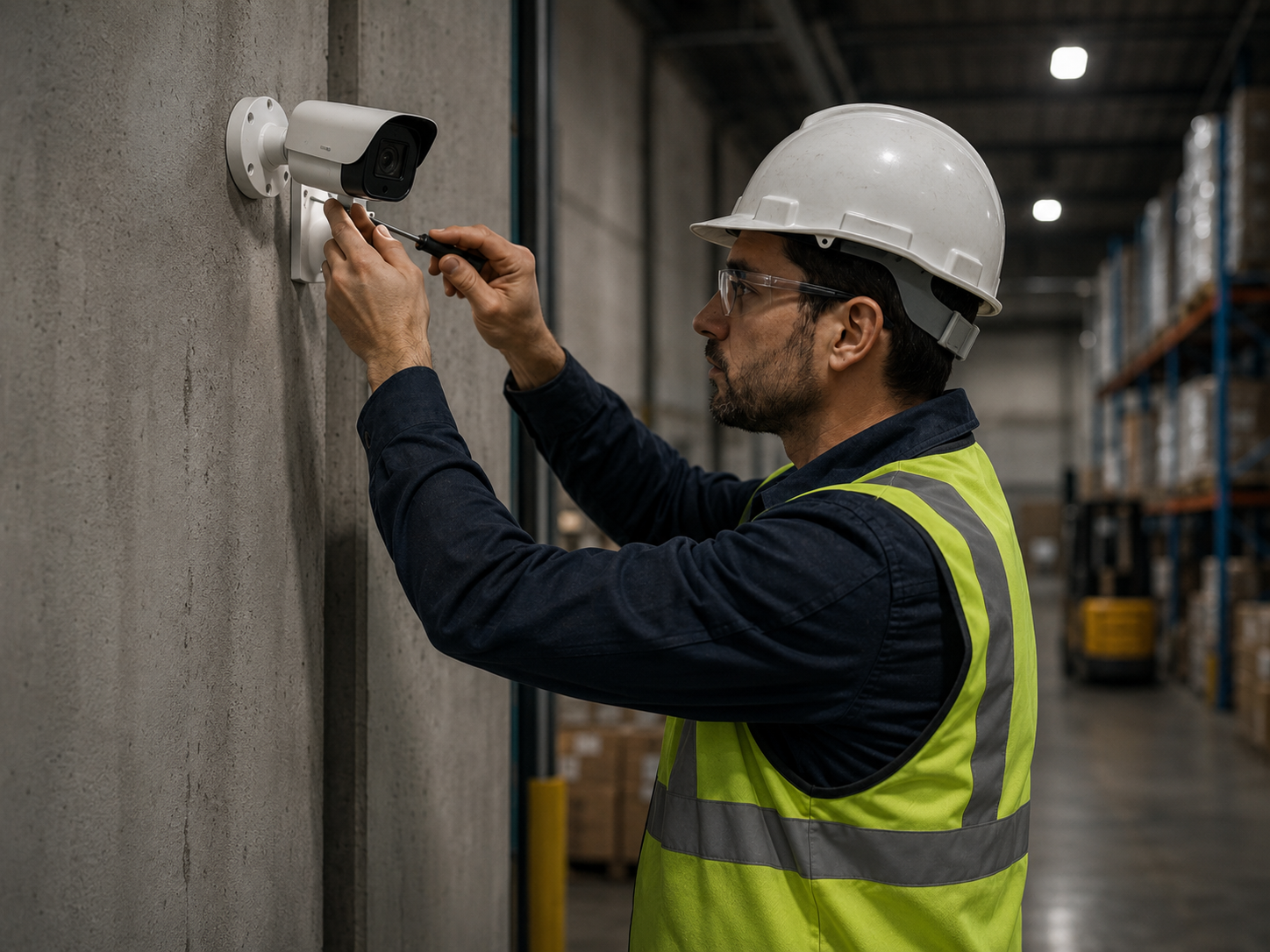 Técnico instalando una cámara de seguridad en un depósito