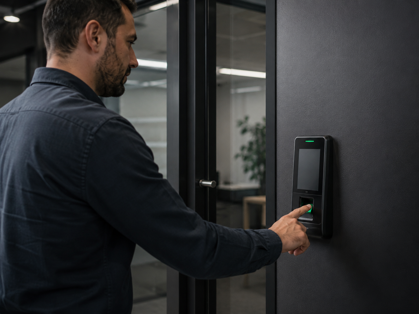 Técnico utilizando un control biométrico de acceso en una oficina