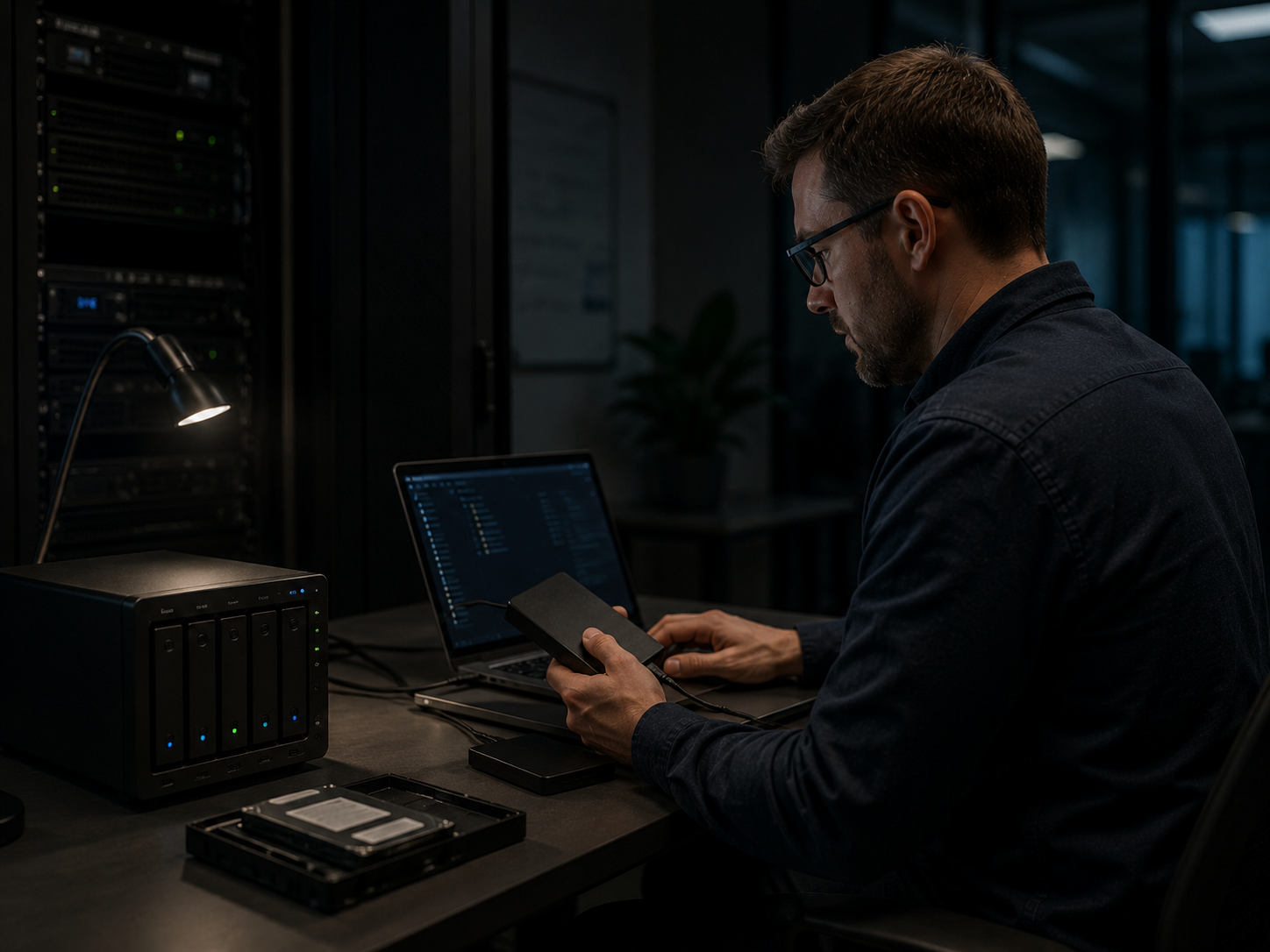 Técnico gestionando respaldos de información en equipos de almacenamiento