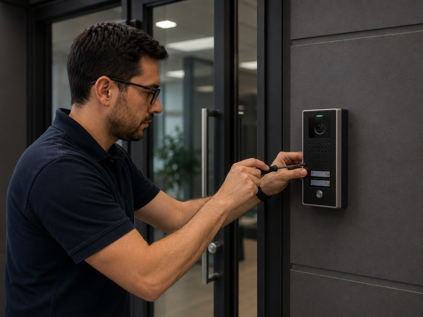 Técnico instalando un portero IP en el ingreso de una oficina
