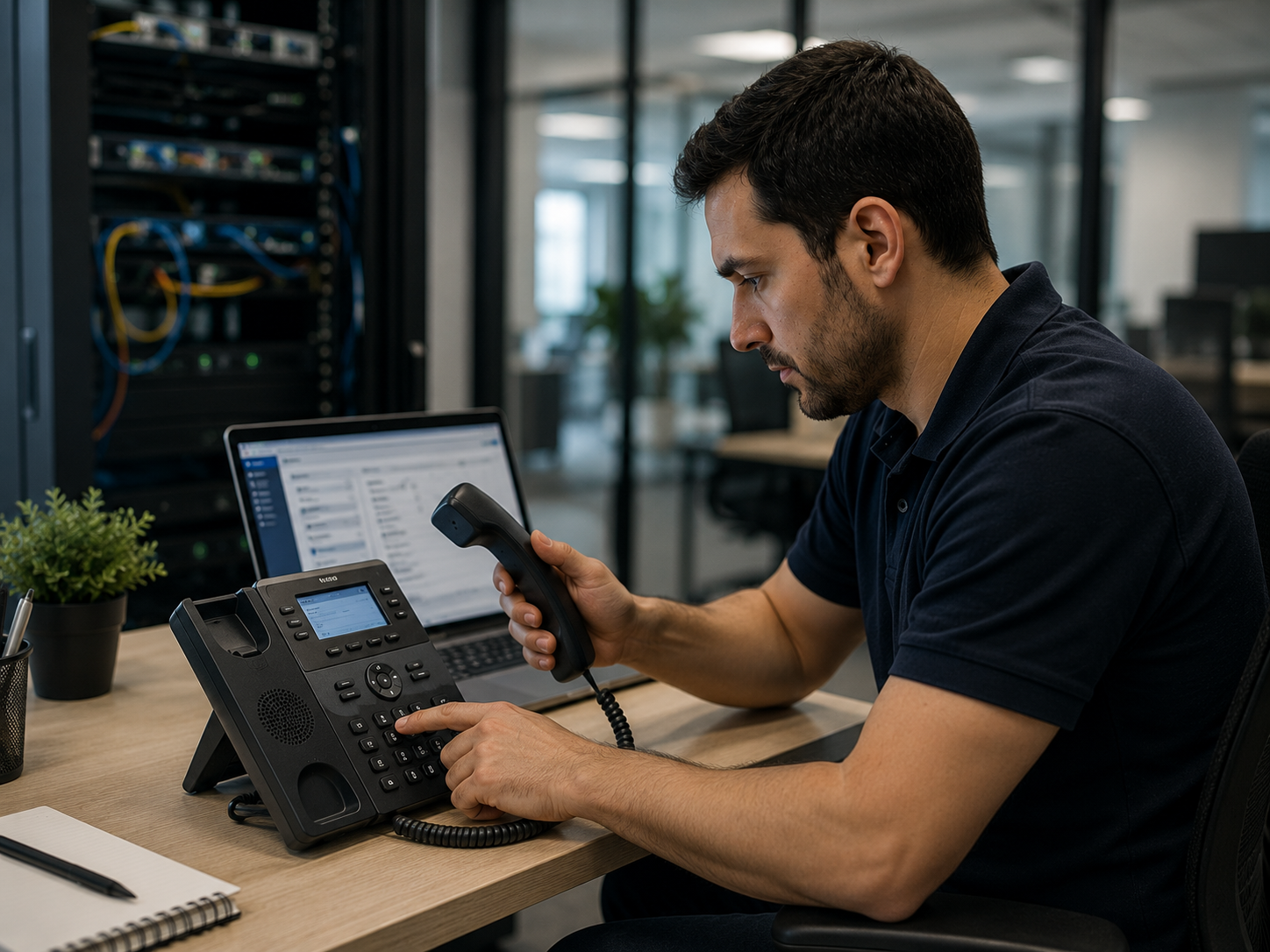 Técnico configurando un teléfono IP en una oficina